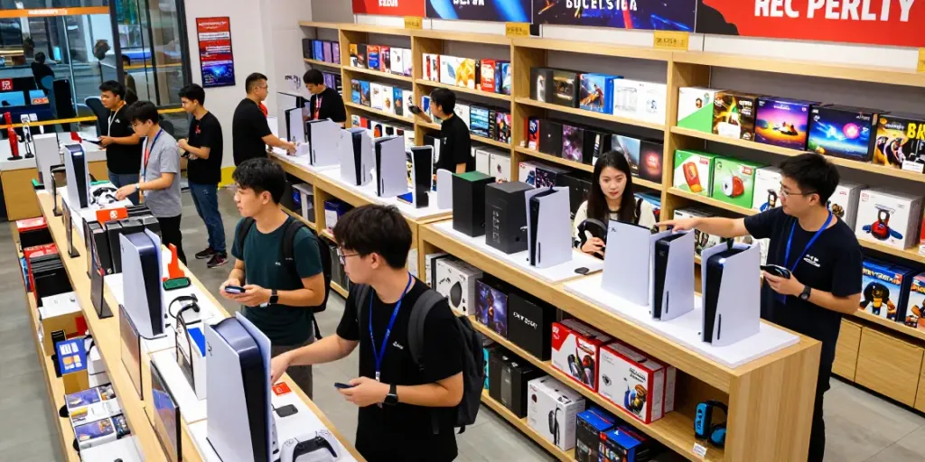 rokok88 game store scene with shoppers exploring PlayStation, Xbox, and Nintendo accessories
