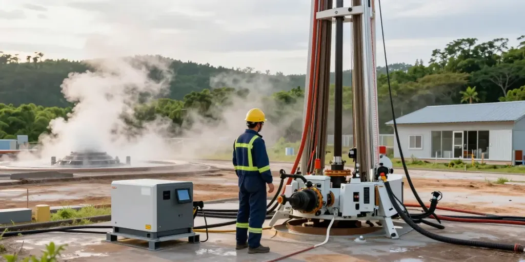Geothermie Kosten: Arbeiter prüft Bohrgeräte an einem geothermischen Standort in schöner Umgebung.