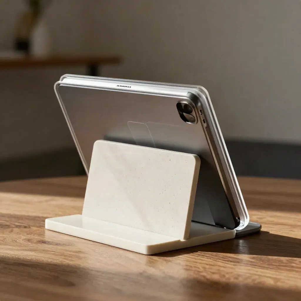 Acetat-Layoutmodell mit Tablet und Steinblock im warmen Studiolicht