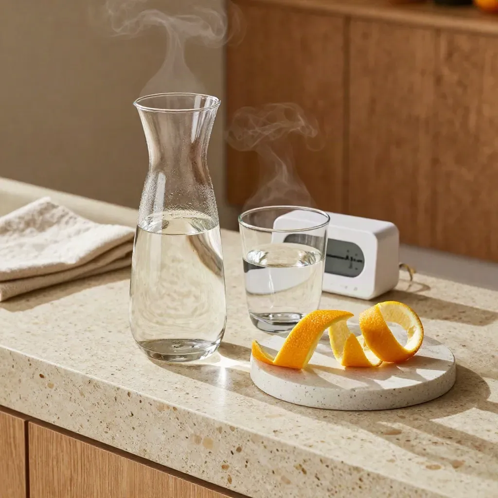 Karaffe, Wasserglas, Zitronenschale und Timer auf hellem Steintisch im Workshoplicht.