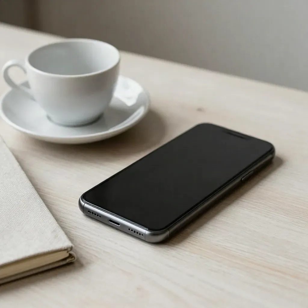 Smartphone, Keramiktasse und geschlossenes Notizbuch auf hellem Holz nach dem Erstgespräch.