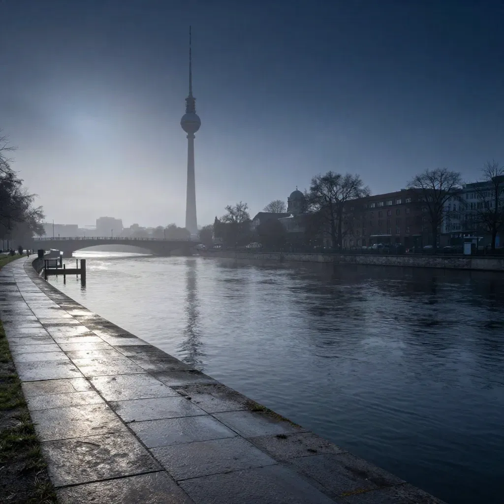 Fernsehturm über der Spree bei Dämmerung, Nebel und nasse Steinmauern.
