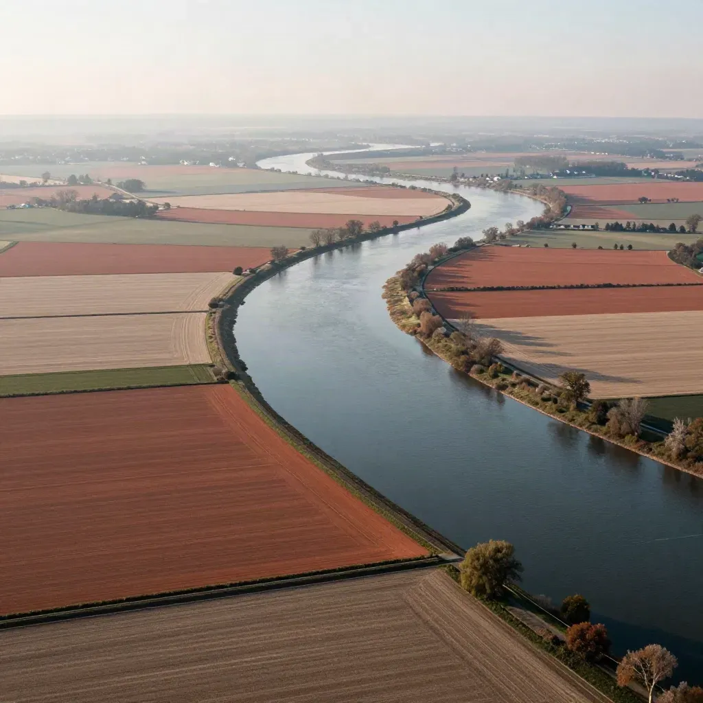 Luftaufnahme von Flussschlingen und Feldern im Morgenlicht mit viel ruhiger Fläche.
