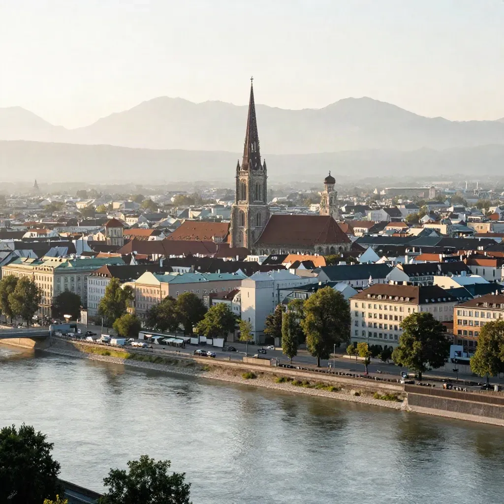 München über der Isar mit Frauenkirche im Dunst und Alpenlinie im Hintergrund